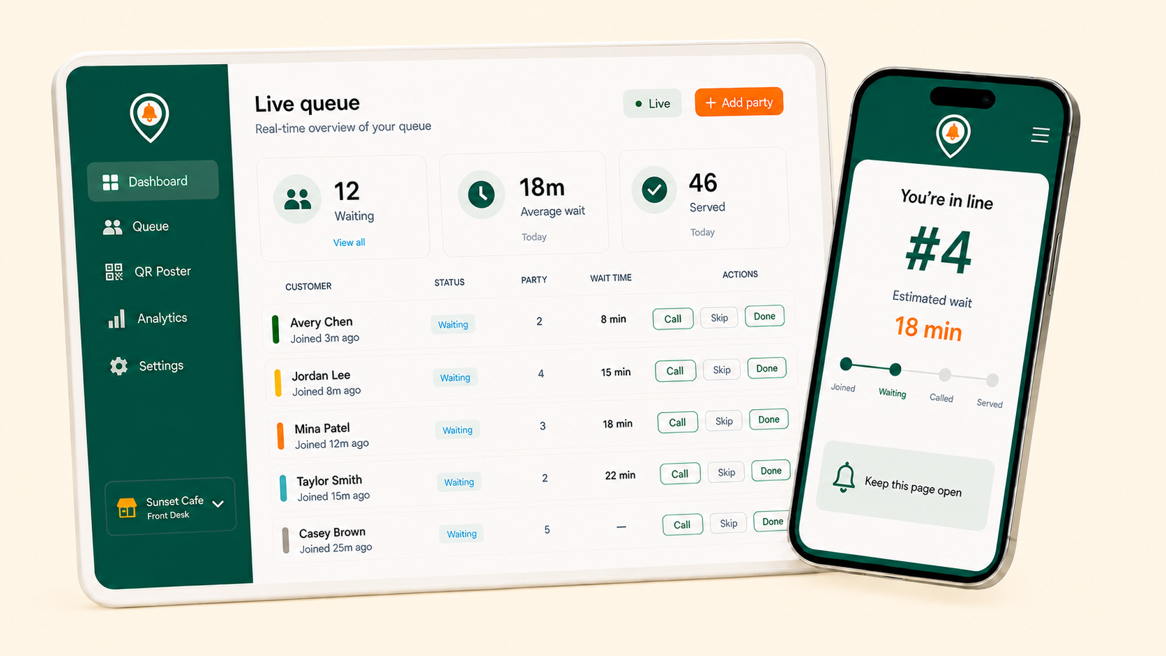 SpotWait live queue dashboard beside a customer's mobile wait page