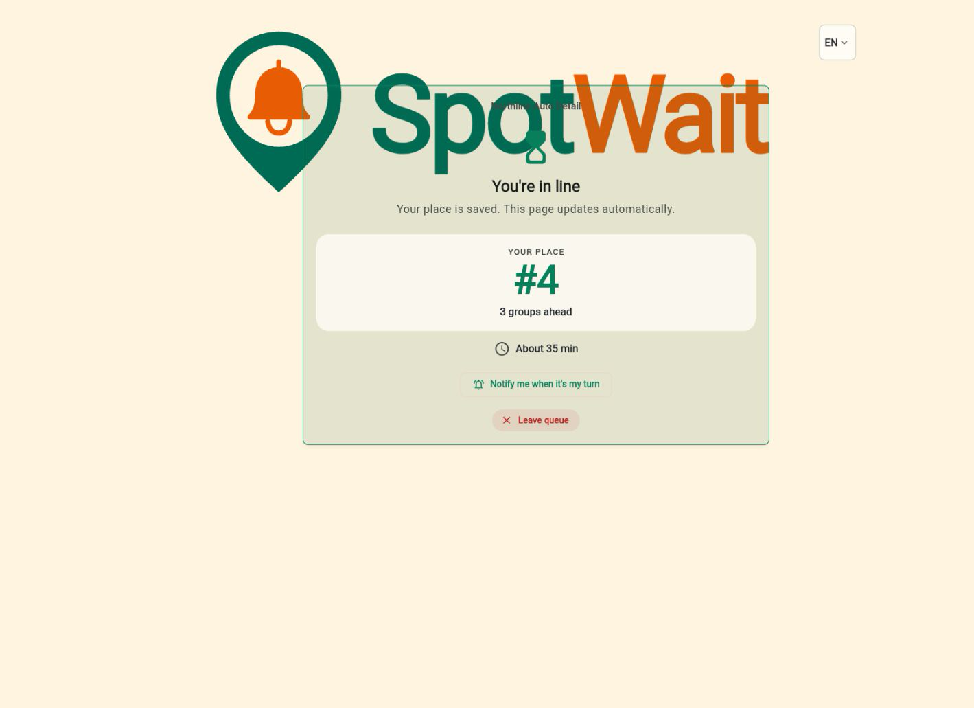 SpotWait customer browser status page showing a sample place in line and estimated wait