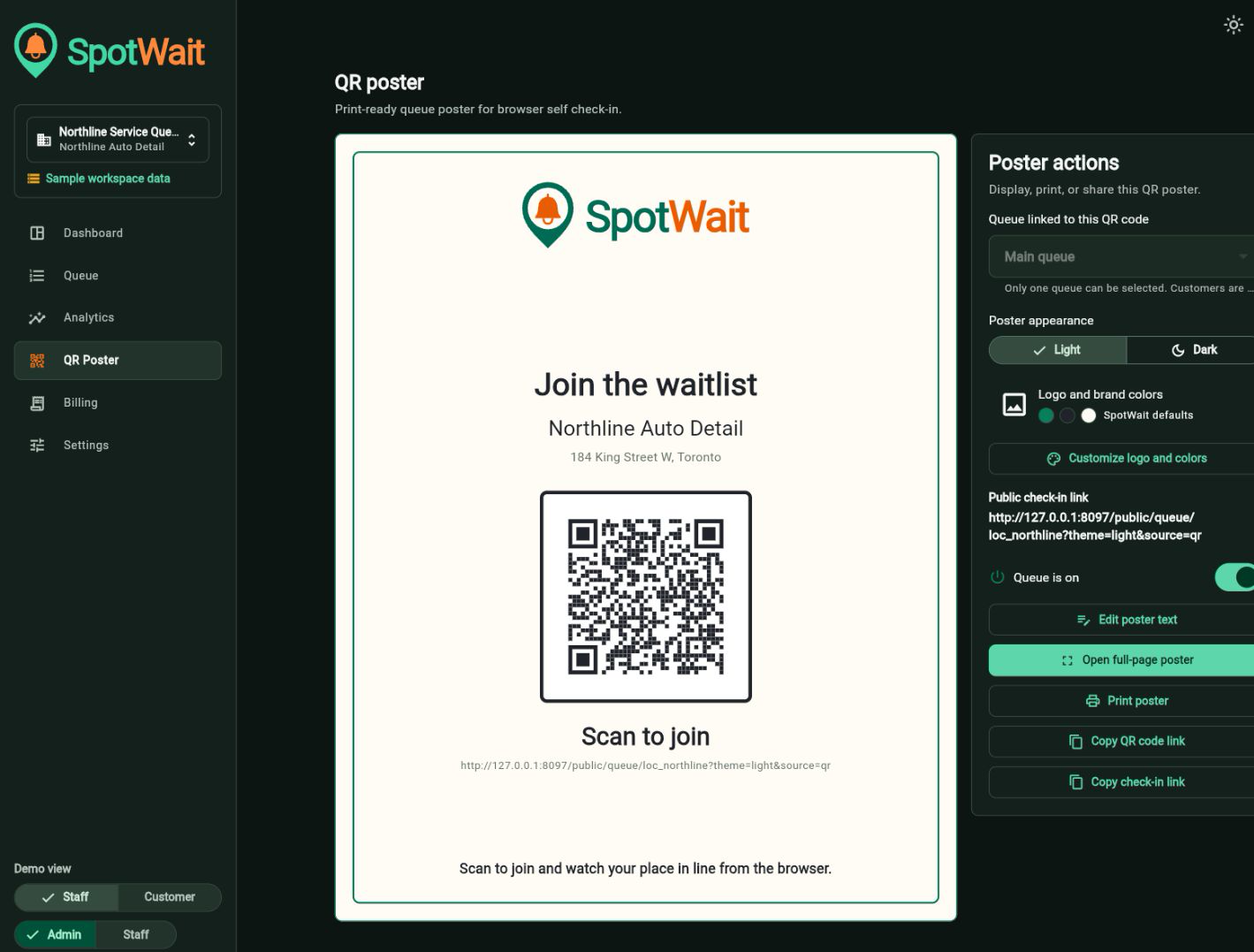 SpotWait QR poster with a sample business name, generated local check-in QR code, and queue on status